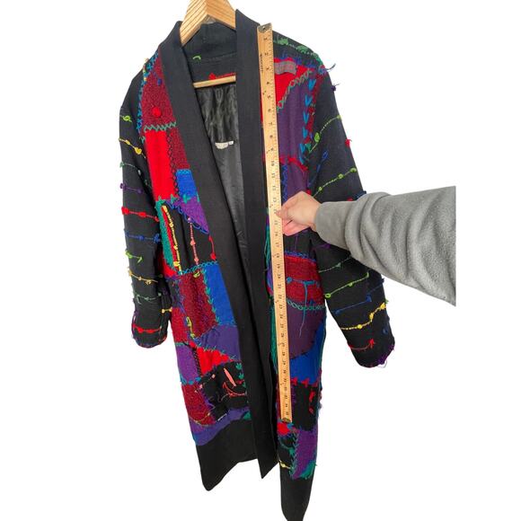 RARE! Vintage 90s COOGI Mens S Woven 3D Sweater Coat Long Duster Cardigan Black - Picture 15 of 16